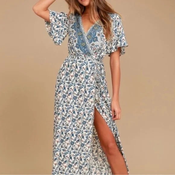 Aakaa Dresses & Skirts - Amabella blue cream floral wrap dress